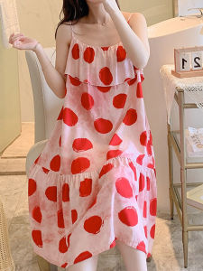 Summer Large Polka Dot Cotton Silk Midi Sleep Dress Womens Loose Cover up Home Wear Nightgown Outerwear Sweet Style