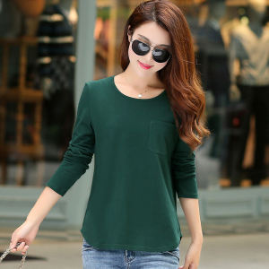 Fashionable round Neck Long Sleeve T-Shirt Womens Base Shirt Slimming plus Size Casual Top Comfortable Cotton Blend Korean Style