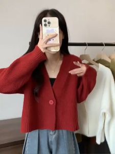 Jaket Sweter Pinggang Tinggi Kerah V Populer Baru Gaya Korea Kardigan Rajutan Wanita