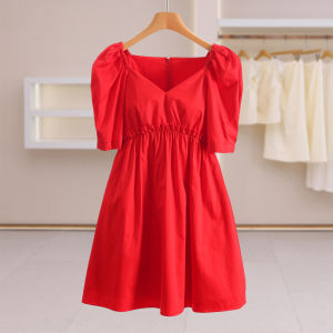 Wood Ear Trim Waist-accentuated V-neck Solid Dress