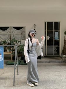 VKSOD | Korean Lazy Style Womens White Shirt Jacket Set Summer New Grey Strap Dress Two-Piece Suit Long Sleeve Polo Collar Buttoned