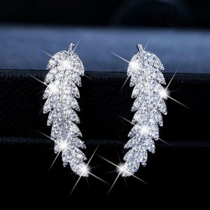 Huitan Aesthetic Feather Stud Earrings for Women Fashion Wedding Party Fresh Style Inlaid Shiny CZ Accessories Lady Jewelry Gift