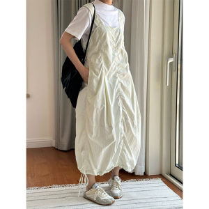 Japanese Style Casual Drawstring Pleated Strap Womens Lightweight Comfortable Breathable Fluffy Workwear Bloom Dress
