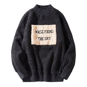 HENGYUANXIANG | เสื้อสเวตเตอร์คอปกสูงถักหนาสำหรับผู้ชายในฤดูใบไม้ร่วงและฤดูหนาว เสื้อเชิ้ตแขนยาวแบบสวมหัว ผ้ากำมะหยี่ ผ้าฝ้ายผสมโพลีเอสเตอร์