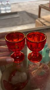 Cangkir Puja Kristal Ada Kaki x3 pcs/ Cangkir Puja Kristal Merah / Cangkir Sembahyang