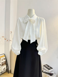 French Butterfly Knot White Shirt Womens Chiffon Spring Autumn High-End Drapey Professional Commute Silk Long Sleeve Top