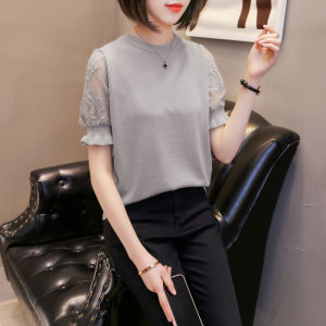 LUCKIN STORE Womens Hollow Round Neck Loose Solid Color Casual Top New Ice Silk Womens Knitted Thin Short-sleeved T-shirt