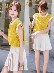 Shalldoer | Fashionable Two-Piece Set Womens Summer Shirt Shorts Contrast Color Hollow Out Design Age-Defying Gentle Wind Style Outfit