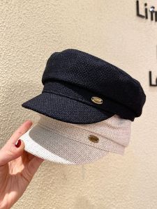 Casual Style Flat Top Cotton Linen Beret Hat for Women Fashionable Versatile Newsboy Cap British Retro Octagonal Hat