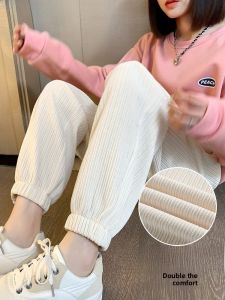 JIANGLU | กางเกงกีฬาผ้าขนแกะสีขาวไซส์ใหญ่สำหรับผู้หญิง กางเกงขายาวทรงหลวมสบาย ๆ ทรงสลิมฟิต กางเกงขายาวผ้าคอร์ดูรอย