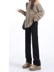 กางเกงยีนส์ทรงตรงสีดำสำหรับผู้หญิง กางเกงขายาวทรงหลวมเอวสูง ทรงสลิมฟิต ทรงหลวม กางเกงขายาวทรงตรงสำหรับฤดูใบไม้ร่วงและฤดูหนาว