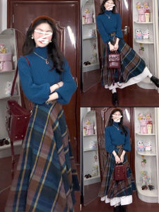 Klein Blue Knitted Dress Set Autumn Winter High Sensation Womens Plaid Long Dress Sweet Style A-Line Skirt Standard Fit
