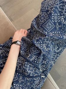 กางเกงขายาวทรงตรงลายดอกไม้สีน้ำเงิน ทรงหลวมสบาย ๆ สำหรับฤดูร้อน กางเกงขายาวทรงเอวสูงสไตล์เกาหลี กางเกงขายาวทรงหลวมสำหรับผู้หญิง