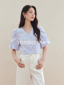 INMAN | Áo Ngắn Tay V cổ Tay Bồng Thiết Kế Mùa Hè Cotton