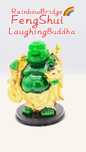 RAINBOW BRIDGE FENGSHUI Lucky Laughing Buddha Figurine – (New-Green & Gold) #Size: H9.5cm