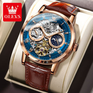 [Three-year Warranty] OLEVS Mechanical Watch For Mens Water Proof Moon Phase Hollow Starry Sky Dial Design Leather strap
