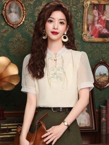 เสื้อเชิ้ตผ้าชีฟองคอตั้งปักลายจีนใหม่ปี 2025 สำหรับผู้หญิง เสื้อเชิ้ตผ้าชีฟองปักลายจีนแบบติดกระดุม ทรงปกติ แขนยาว 7 นิ้ว