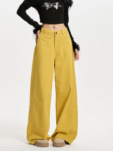 Vfvk Yellow Retro Dopaamine Wide Leg Denim Pants Womens High Waist Design Floor Length Casual Cotton Jeans Autumn Winter New Arrival