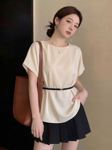 AIYITI | High-grade Acetate Satin Short Sleeve Large Size French Waist-cinching Concealing Tummy Shirt with Belt