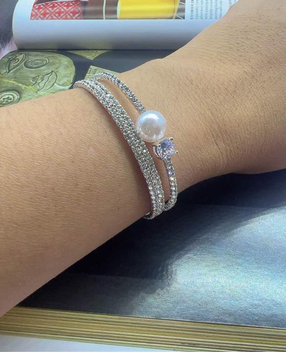 Pearl Crystal Accent Rhinestone Split Open End Cuff Bracelet
