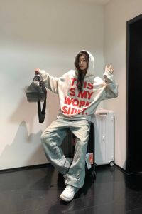 Retro American Brand Letter Print Hoodie Womens Spring Autumn Thin Loose Oversize Couple Tops Cotton Long Sleeve Crew Neck