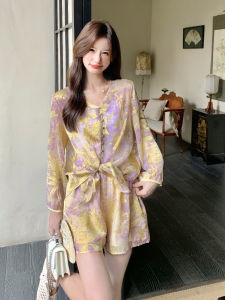 Gold Purple New Chinese Style Luxury Two-Piece Set Womens Summer 2025 Short Pants V-Neck Long Sleeve Button-Up Top And Shorts