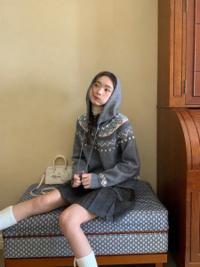 NIHAOKANONG | Áo Cardigan Nữ Oversize Có Mũ Họa Tiết Fair Isle Jacquard