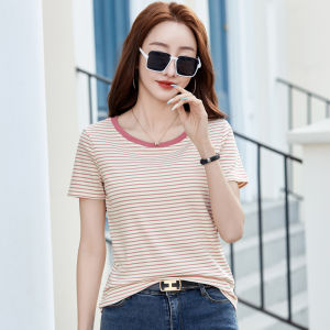 Women Short Sleeve Striped Round-Neck T-Shirt Loose Tee Casual Stylish Elastic Rib Fabric Tops