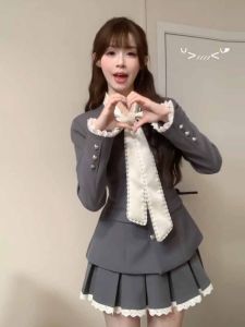 High Waist French Style Small Fragrance Wind Suit Jacket Womens plus Size Autumn Plaid Skirt Set Korean Version A-Line Dress