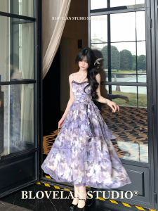 Blovelan Butterfly Shadow Mysterious Purple Sweet Cool Butterfly Print Diffusion Irregular Hem Rose Squeeze Waist Strap Dress