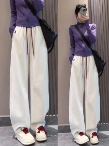 White Fleece Lined Wide Leg Jazz Dance Sports Pants Womens Spring Autumn Winter Casual Comfortable Trousers High Waist Elastic Waistband