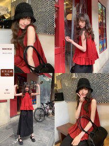 Unique Design Red Linen-Cotton Sleeveless Top
