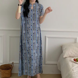 ชุดนอนผู้หญิงแขนสั้นผ้าไหมคอตตอนสไตล์จีนใหม่ กระโปรงยาวผูกเชือก ชุดนอนฤดูร้อน ชุดเดรสยาวผ้าไหมคอตตอน