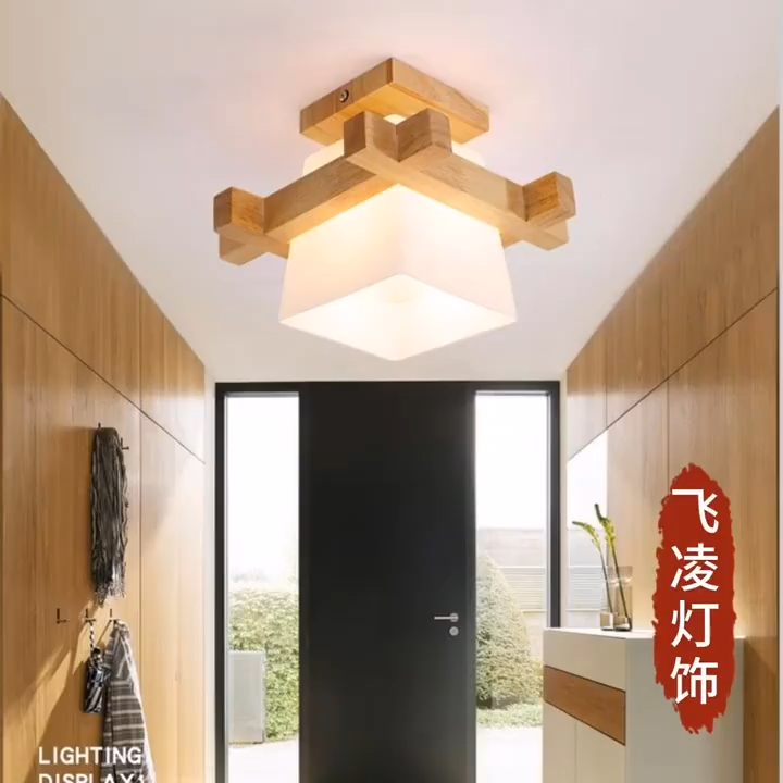 Gecree Ceiling light Solid Wood Glass E27 Wooden lamp Hanging Light Restaurant hallway Pendant Light