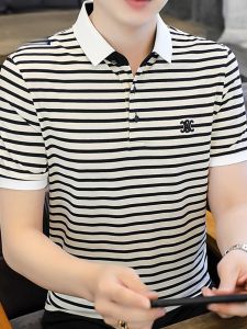 ROMON | Lormen Mens Short Sleeve T-Shirt Summer Thin Business Casual With Collar Embroidery Ice Silk Polo Shirt Striped Fashion Urban Cool Feeling