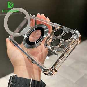 FLOVEME Luxury Plating Magsafe Bracket Stand Phone Case For iPhone 16 15 14 13 12 11 Pro Max 15 14 Plus Wireless Charging Clear Lens Film Protector Four Corner Anti-fall PC Shockproof Back Cover For iphone 16 15 14 13 12 11