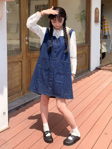 ชุดศิลปะป่าสไตล์ญี่ปุ่นย้อนยุค เสื้อกั๊ก เสื้อท่อนบน Midi เดรส ผู้หญิง ลดอายุ ทันสมัย แขนกุด เดนิม ชุดเอี๊ยม คอวี