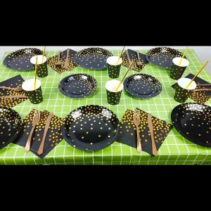UMI Black Gold Dot Plate Theme Party Girlfriend Birthday Disposable Cup Spoon Fork Tableware Wedding Decoration Supplies
