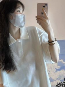 Pure Cotton White Loose Short Sleeve Polo Shirt Womens Casual Turn-down Collar T-shirt Top for Summer New Arrival