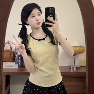 Sweet And Spicy Grey Knitted Short Sleeve T-Shirt Womens Slim Fit round Neck Short Length Summer Top Chinese Production