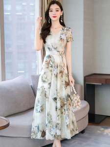 Floral Print Midi Dress Slimming Belly Covering Elegant Age-Defying Two-Piece Set Summer 2024 New Arrival by Ba Pan