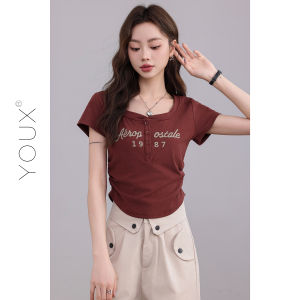 YOUXIANG | Áo Thun Ôm Body Màu Đỏ Tay Ngắn Phong Cách Retro