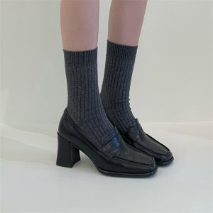 นุ่ม สู่สัมผัส! Ins Retro สไตล์ฝรั่งเศส รองเท้าส้นหนาหัวเหลี่ยมของแท้ หนัง รองเท้าหนังนิ่ม ลำลอง รองเท้าเดี่ยว