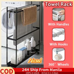 Towel Rack Standing With Wheels 3 Tiers Metal Towel Drying Rack With Handle And 2 Hooks Movable Gap Storage Cart Towel Holder Kitchen Narrow Shelf Rack Slim Storage Rack Organizer Multifunction Storage Rack For Bedroom Bathroom Balcony
