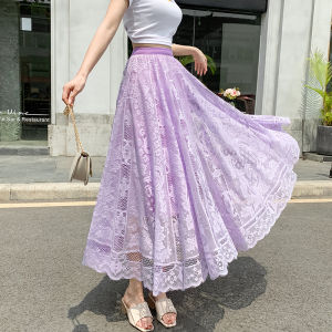 Váy Dài Xếp Ly Ren Màu Tím Thanh Lịch Cho Nữ Mùa Hè Phong Cách Mới Váy Dài Chữ a Xếp Ly Lưới Dài Đến Giữa Chân