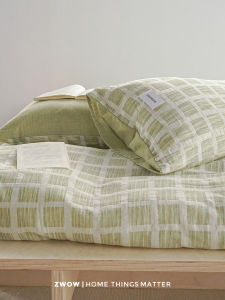 New Chinese Style Four-Piece Set Pure Cotton Double Layered Mesh Retro Green Plaid Bedding Comforter Cover Sheet Pillowcase