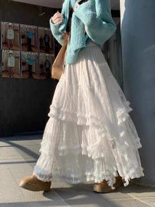 Princess Style Lace Half Skirt Autumn Winter Puffy Cake Long Skirts Womens High Waist Korean Style Floral Print Big Size