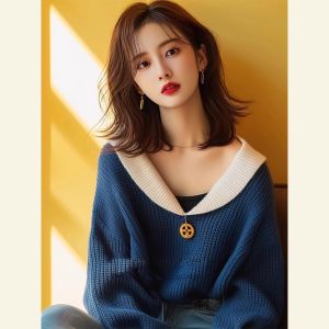 WANGGONGZHU | Princess Style Knitted Base Shirt Womens Fashion College Trendy Vintage Lazy Korean Version Sweater Long Sleeve V-Neck Regular Fit