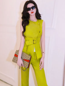 MUBEELE | Fashionable Floral Embroidery Slimming Split Top Flared Pants Womens Summer Outfit Set Polyester Long Pants Button Closure