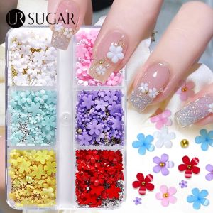 UR SUGAR 6Grids Acrylic Flower 3D Nail Art Decorations Resin Charms Gold Beads Caviar Pearl Mixed Rhinestones Accessories